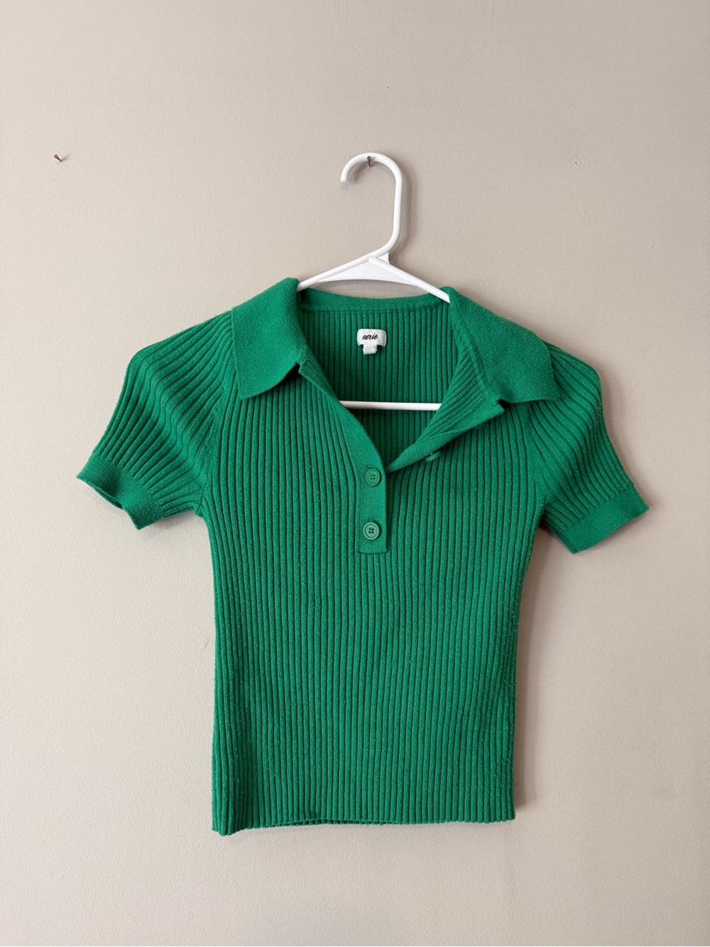 Aerie Green Ribbed Polo Knit Top
